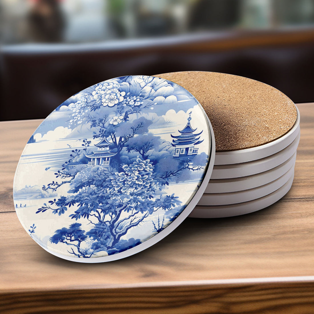 premium ceramic coaster collection featuring classic Chinoiserie blue white porcelain designs ginger jar blue willow Staffordshire dog patterns cork backing