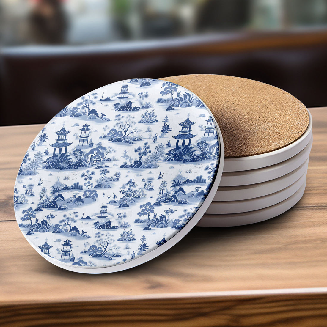 Blue willow ceramic coasters Chinoiserie pattern luxury blue white porcelain design cork backing table decor
formal dining ceramic coasters Chinoiserie blue white pattern luxury ginger jar Staffordshire dog cork back