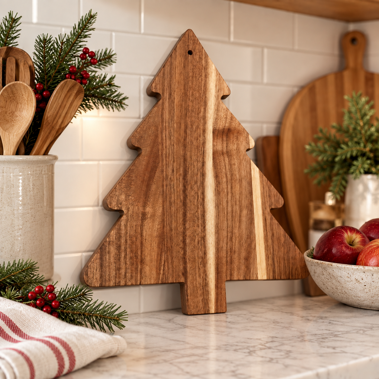 Tree-shaped charcuterie board in a rustic Christmas tablescape
Wooden Christmas food board with traditional red and green décor
Holiday grazing board displayed in a cozy farmhouse kitchen
Christmas tree cutting board styled for seasonal home entertaining
Festive wooden serving board beside a mug of hot chocolate
