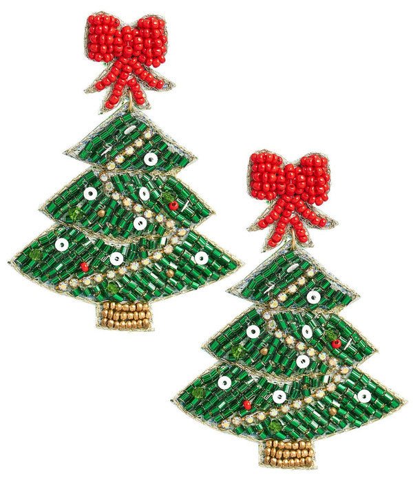 Christmas Tree Beaded Earring - Red Bow Top