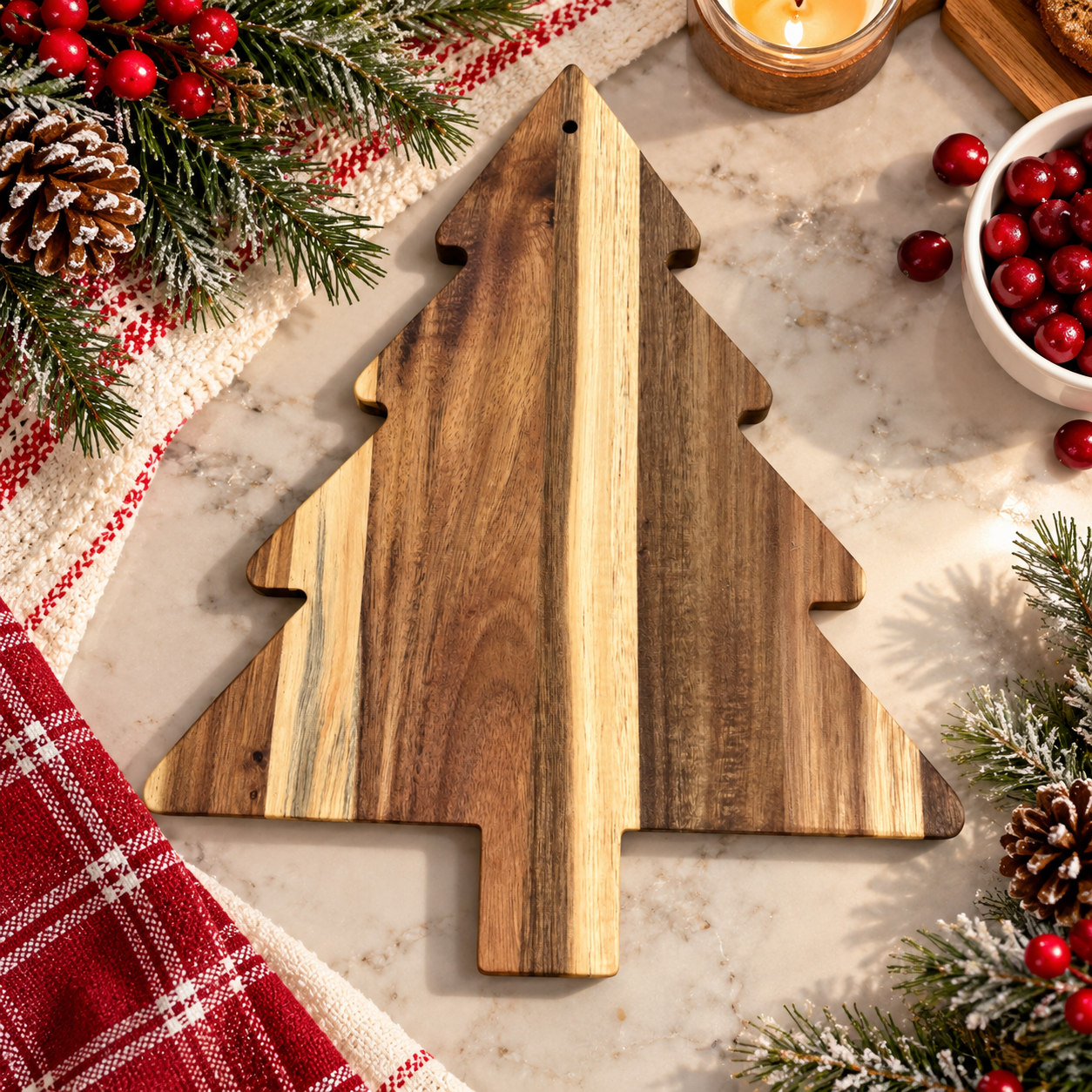 Christmas tree serving board styled for holiday entertaining
wooden holiday charcuterie board in festive Christmas kitchen
Christmas tree shaped cutting board held in hand
Christmas tree cheese and cracker serving board