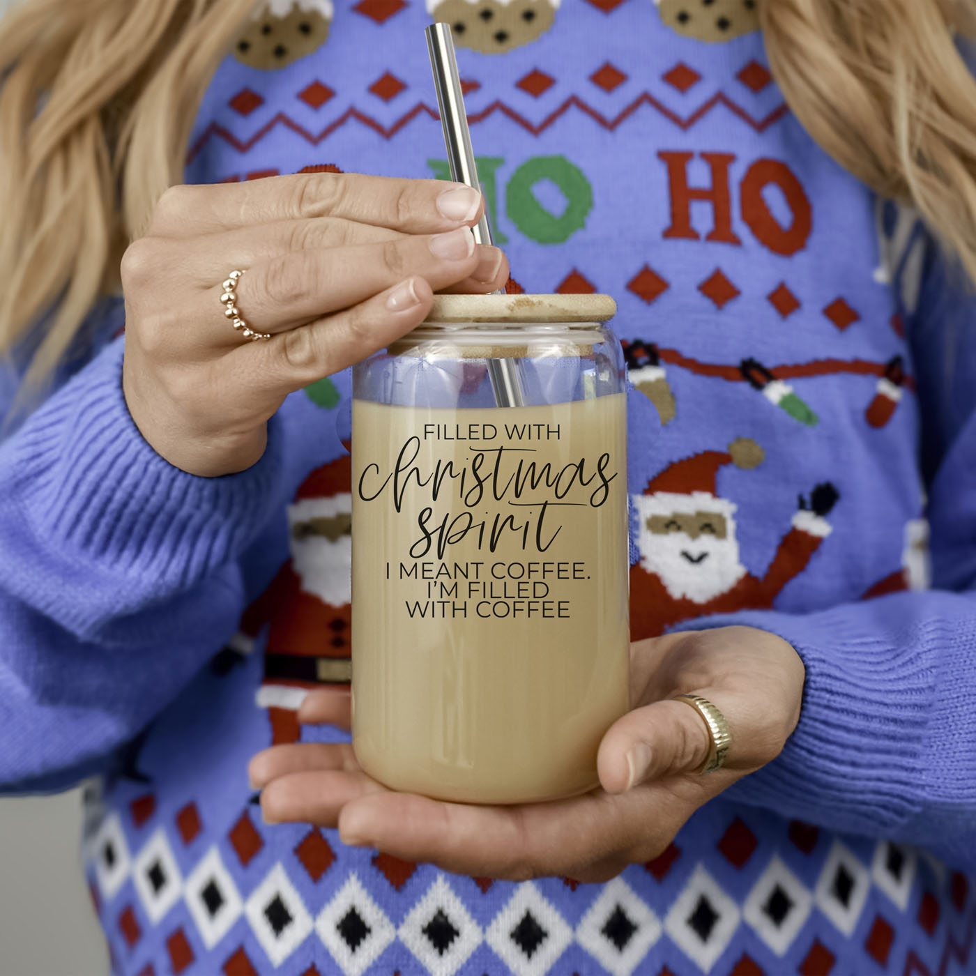 Christmas Coffee Cup Gift for Her – 17oz Glass Tumbler With Lid & Straw, Funny Holiday Iced Coffee Cup