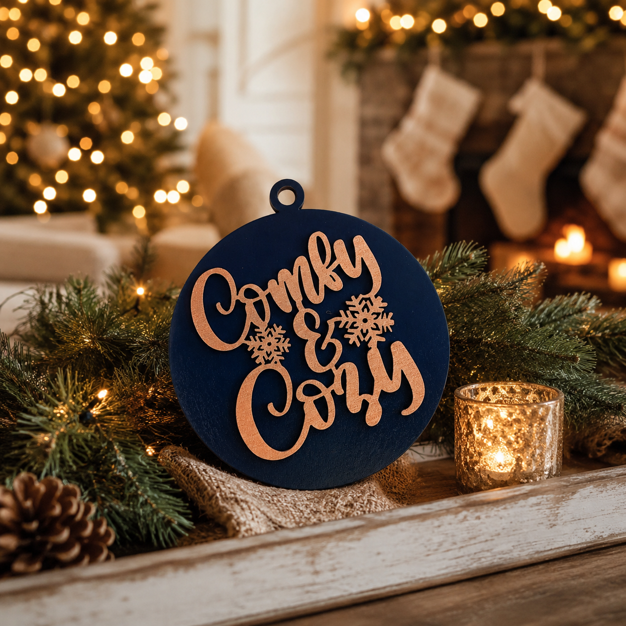 Secret Santa Christmas ornament
White Elephant holiday ornament
Rustic holiday home decoration
Cozy Christmas aesthetic ornament
Elegant Christmas tree décor
Wooden ornament with raised 3D lettering
Winter cabin Christmas ornament