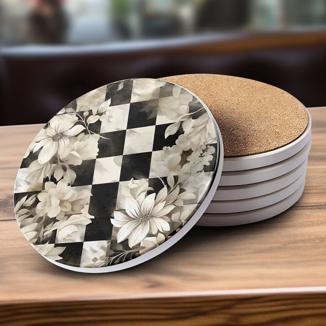 Courtly check ceramic coasters set of 6 black white checkered pattern floral design cork backing luxury home decorflower accent ceramic coasters courtly check black white checkered gingham pattern luxury cork backing