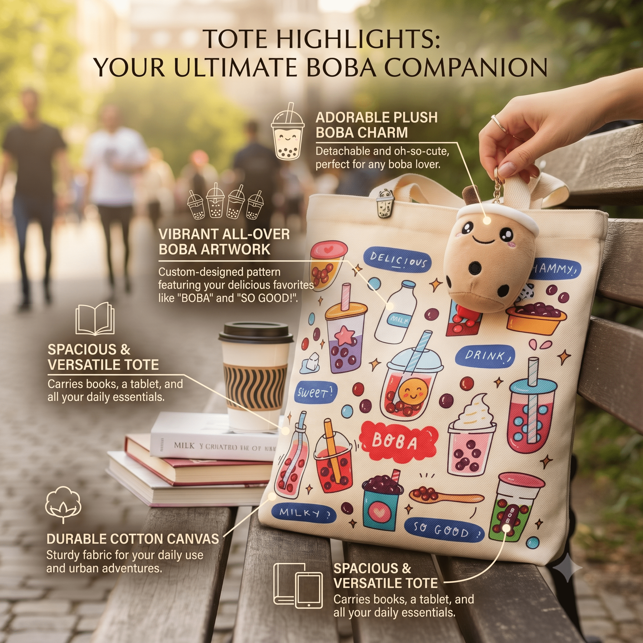 Cream Boba Tote Bag – Cute Gift with Keychain & Enamel Pin