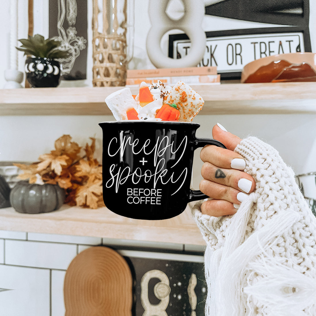 Spooky Season Coffee Cup Black Ceramic Halloween Design
Year Round Halloween Mug Creepy and Spooky Quote