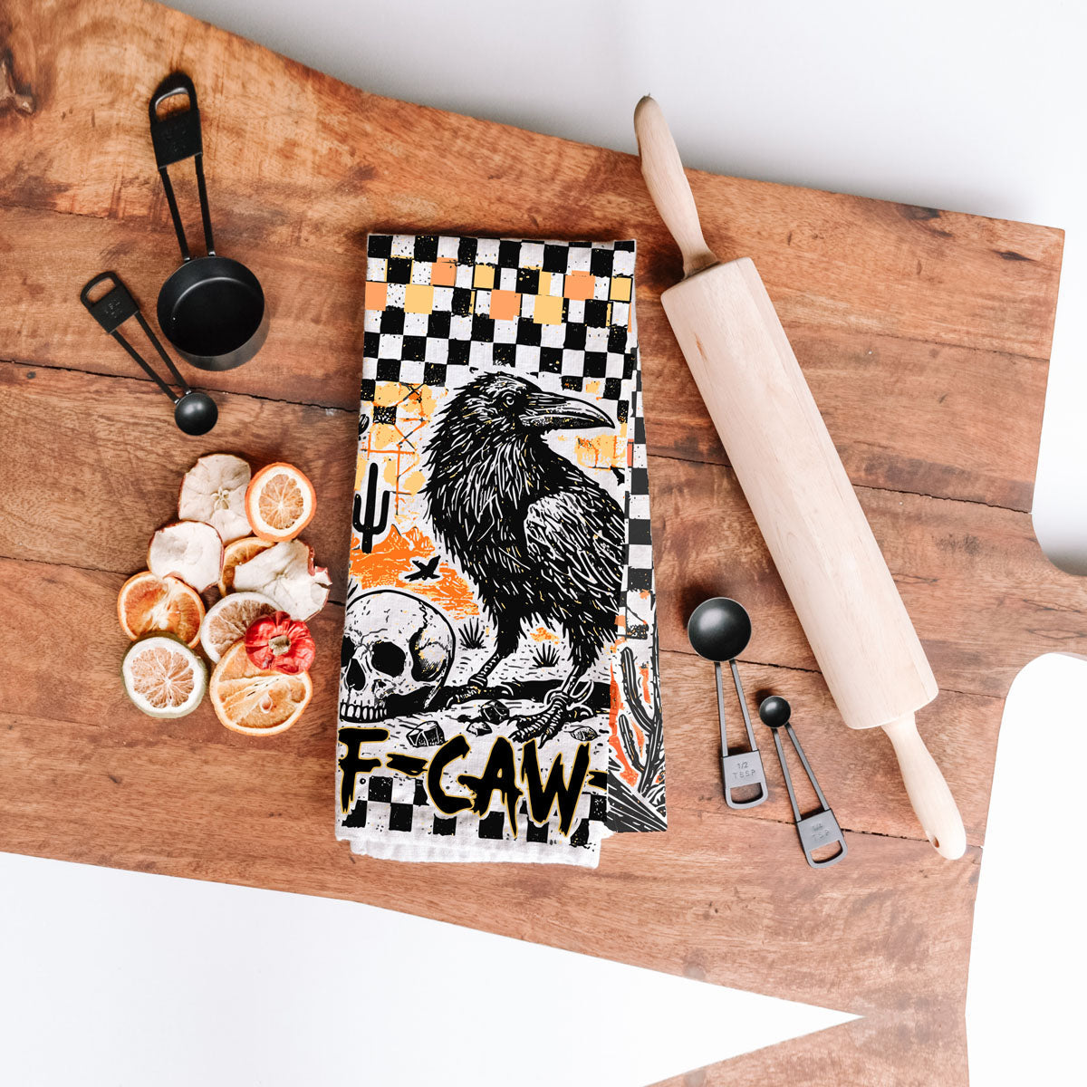 retro checkered halloween towel for eclectic kitchen style
funny halloween kitchen towel crow design
spooky halloween decor crow and skull towel
halloween kitchen towel black crow orange and black
gothic halloween decor raven flour sack towel