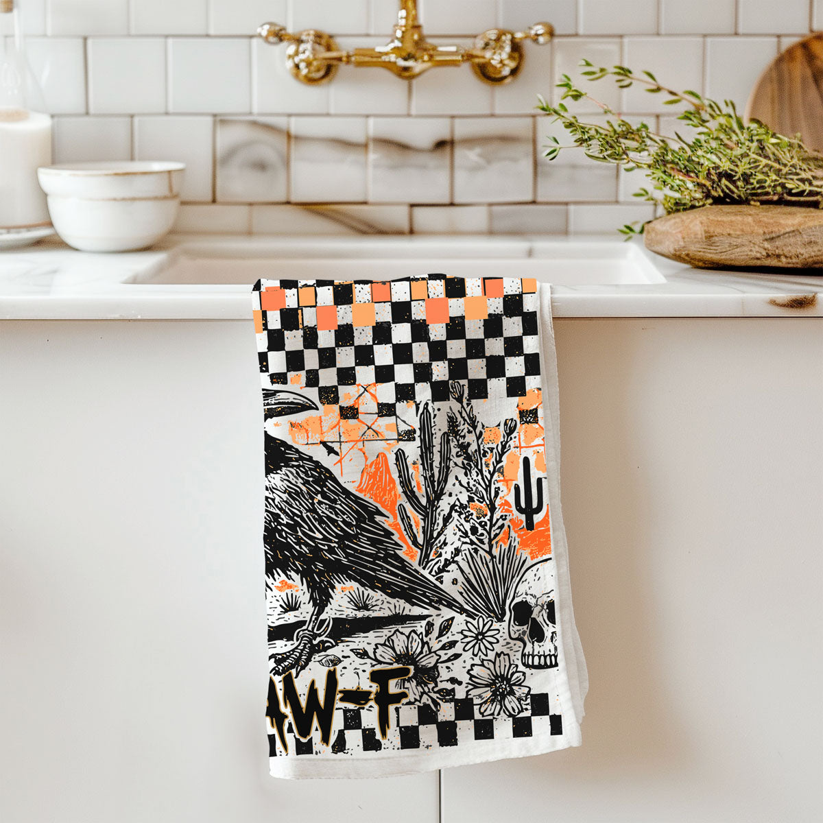 alt aesthetic halloween towel for dark cottagecore kitchen
tattoo style crow illustration on halloween dish towel
raven themed gothic kitchen towel perfect for halloween gift
orange and black checkered crow towel for fall coffee bar
favorite halloween decoration funny crow dish towel