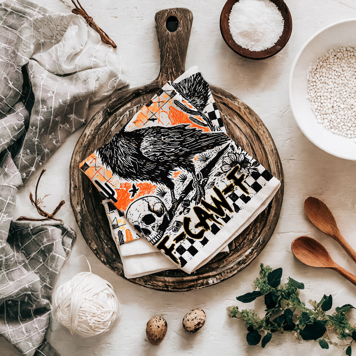 creepy crow and skull flour sack towel for haunted house décor
funny halloween crow dish towel gift
unique gothic halloween kitchen towel with raven design
retro style crow and skull fall tea towel
vintage inspired raven halloween flour sack towel
raven halloween towel for mantle or bar cart styling