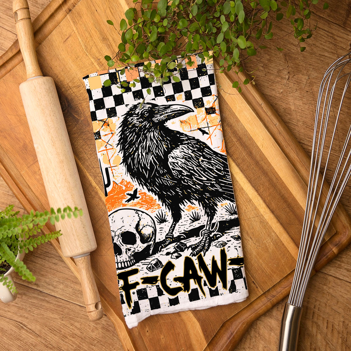funny halloween gift for adults crow f caw f towel
halloween farmhouse kitchen towel with raven print
spooky season home decor black crow dish towel
halloween coffee bar towel with crow and skull art
fall kitchen decor orange and black checkered towel