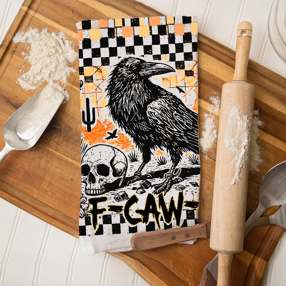 retro punk halloween crow towel for alternative home décor
vintage western goth crow towel with cactus and skull
funny halloween coffee bar towel with crow illustration
unique fall gift idea crow themed cotton towel
spooky retro halloween towel with bold crow graphic