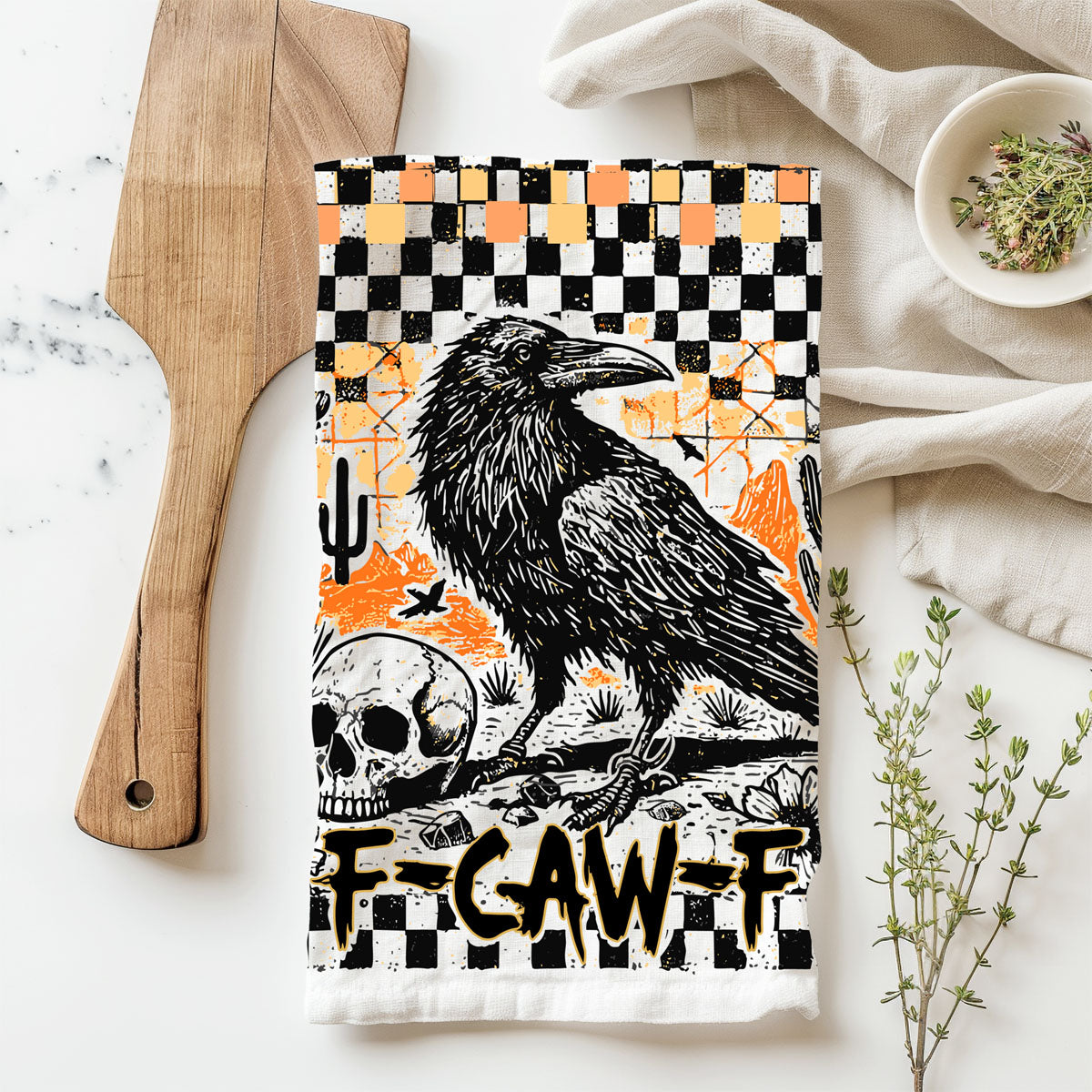 halloween party hostess gift funny crow kitchen towel
spooky aesthetic halloween towel with checkered pattern
dark academia halloween kitchen towel crow graphic
trick or treat halloween towel black raven print
horror themed halloween dish towel for creepy kitchen