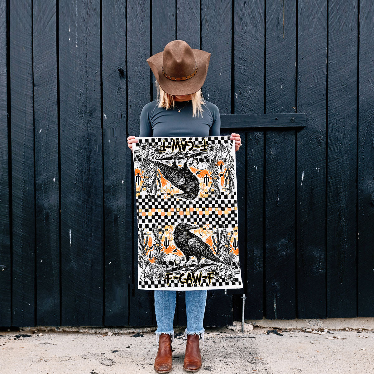 retro orange and black crow towel for spooky season décor
vintage tattoo style raven towel for halloween bar cart
funny fall décor towel for snarky crow lovers
goth farmhouse halloween towel with raven and checkerboard
unique fall kitchen décor crow hand towel
edgy halloween decor towel for alternative fall home