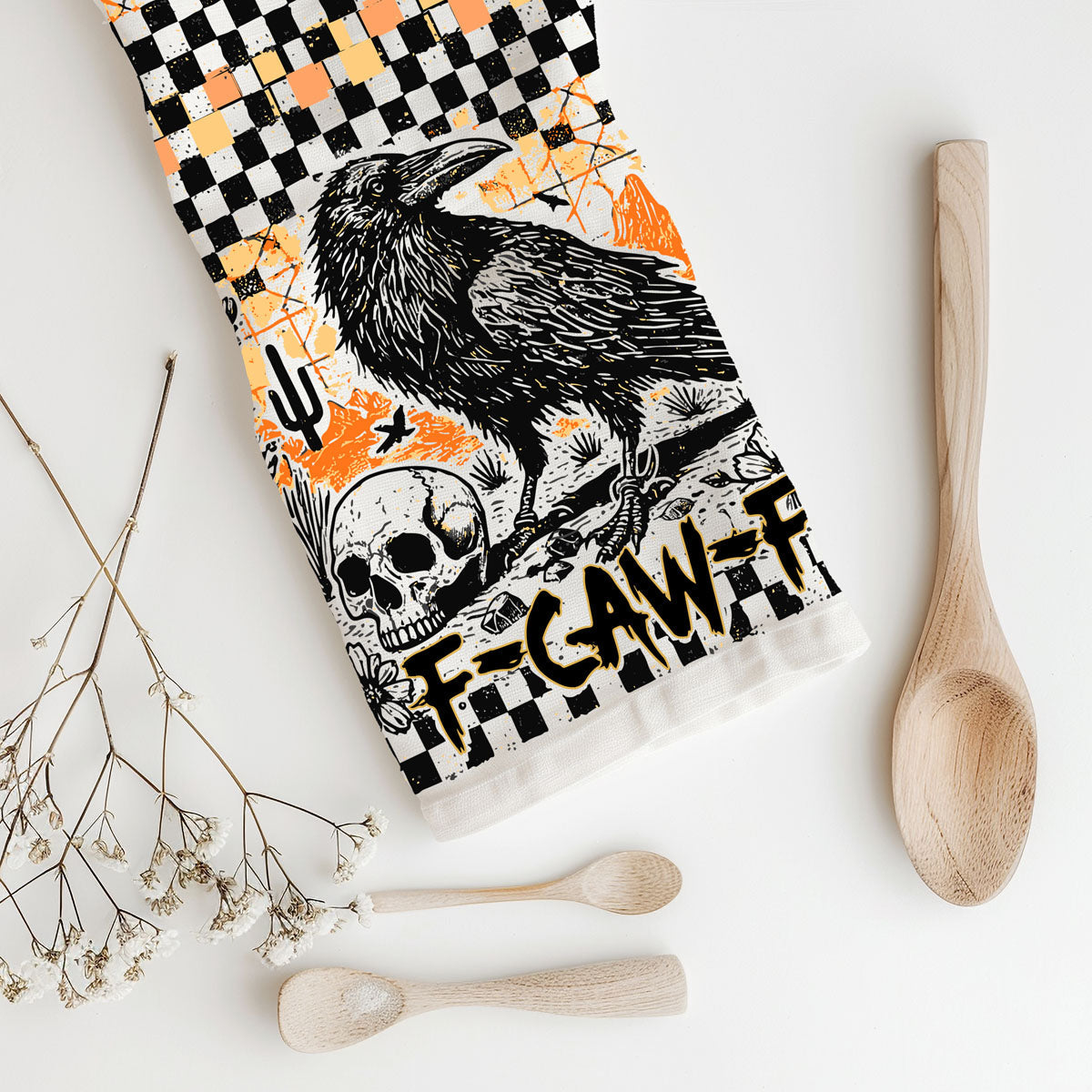 spooky raven kitchen towel with skull desert artwork
funny halloween towel with sarcastic crow phrase
halloween dish towel with crow illustration and checkerboard
crow and skull halloween flour sack towel
creepy halloween tea towel orange black white design