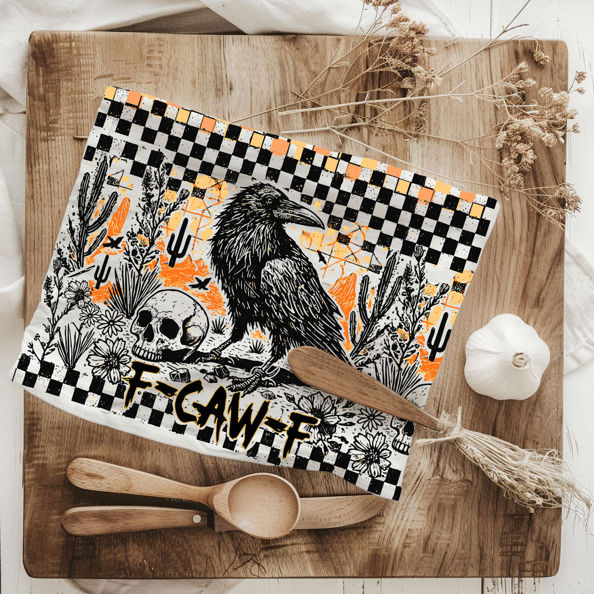 funny crow halloween kitchen towel with f caw f saying
raven skull and checkered gingham halloween dish towel
gothic crow flour sack towel for fall kitchen décor
black crow on orange and black check pattern tea towel
boo season kitchen towel funny bird phrase