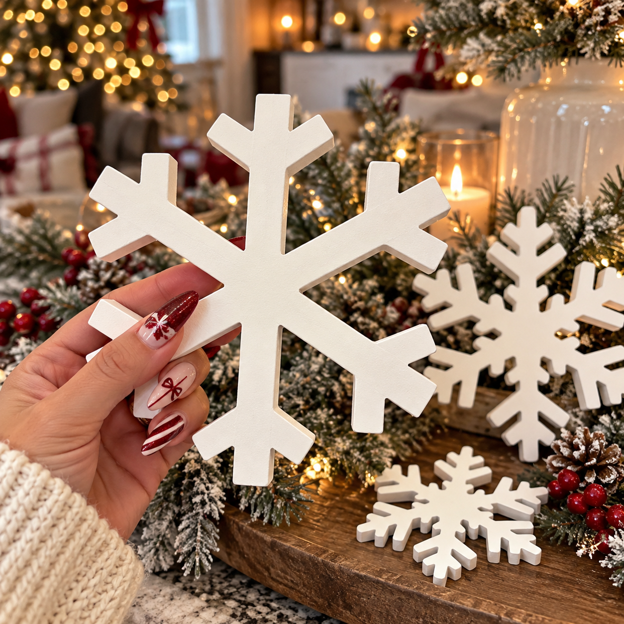 white snowflake Christmas tabletop decor
wooden Christmas snowflake decorations
neutral Christmas snowflake decor
farmhouse holiday snowflake decor set