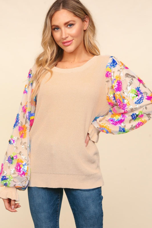 Haptics Floral Sequins Mesh Flounce Sleeve Sweater