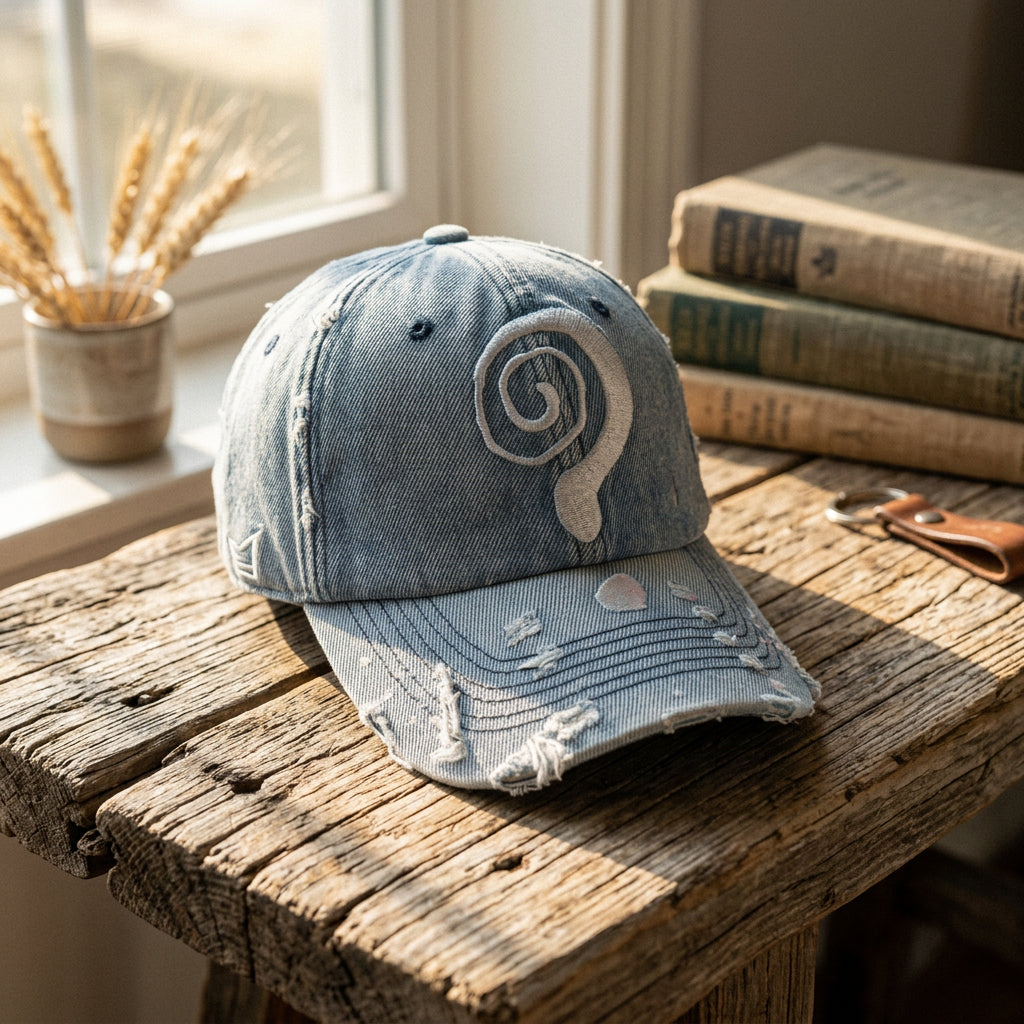 Question Mark Denim Print Washed Baseball Cap