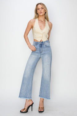 RISEN High Rise Crop Wide Fray Hem Jeans