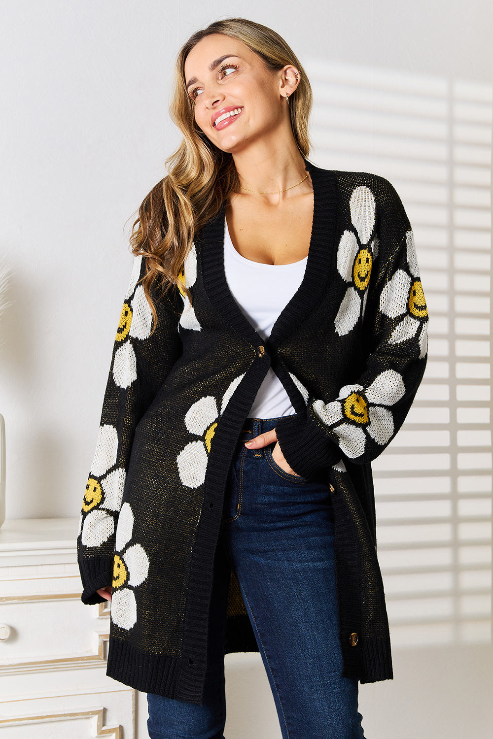 Perfee Floral Button Down Longline Cardigan