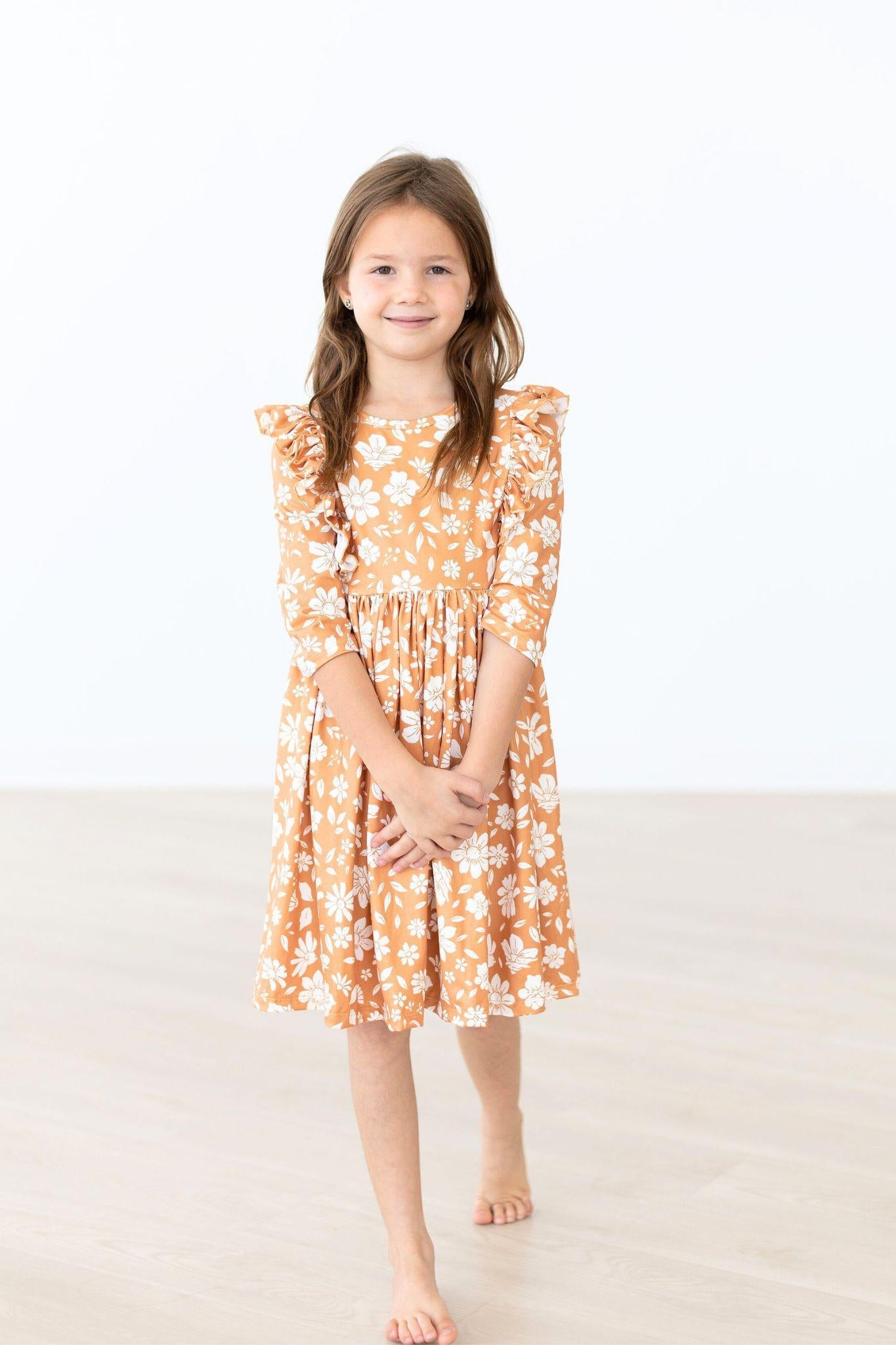 Golden Blooms 3/4 Sleeve Ruffle Twirl Dress