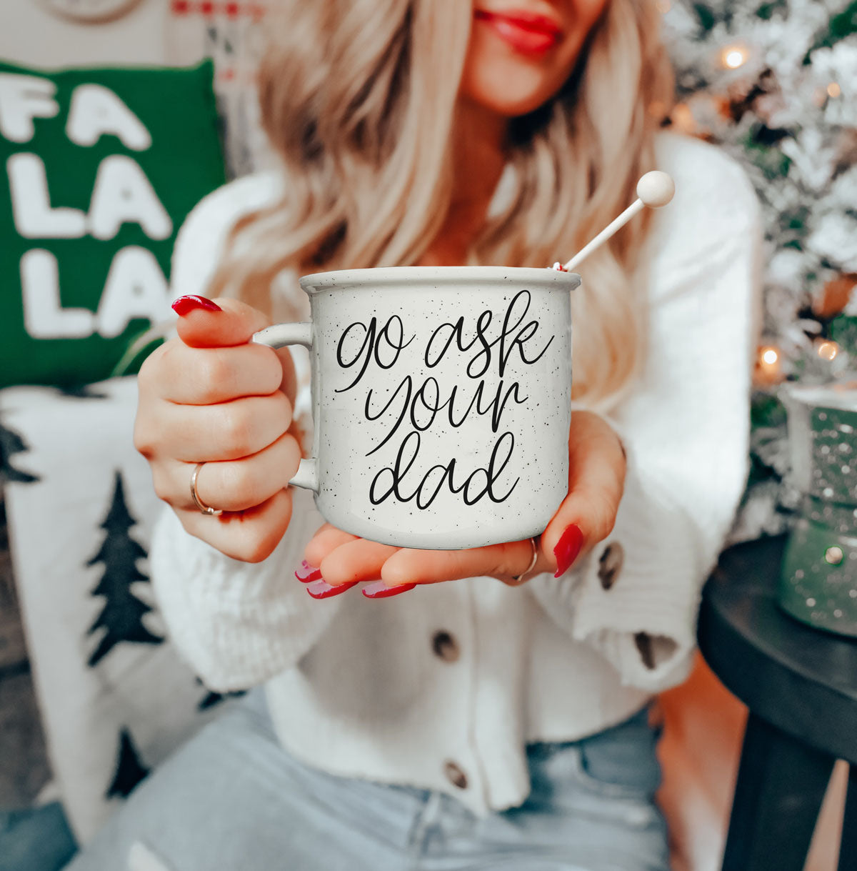 closeup of go ask your dad script on mug
farmhouse style go ask your dad coffee mug
mug for moms redirecting kids to dad
funny parenting coffee cup for moms of toddlers
go ask your dad mug for moms of teens
novelty mom mug for family humor