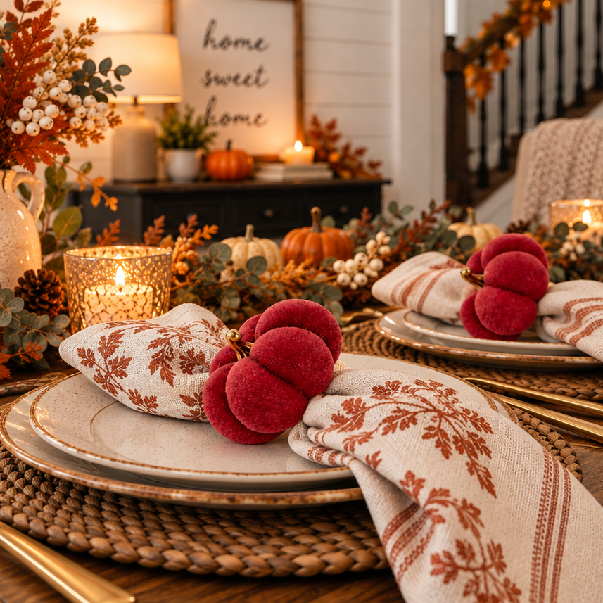 Velvet pumpkin napkin ring holders in blush and dark pink for fall and Thanksgiving table decor.