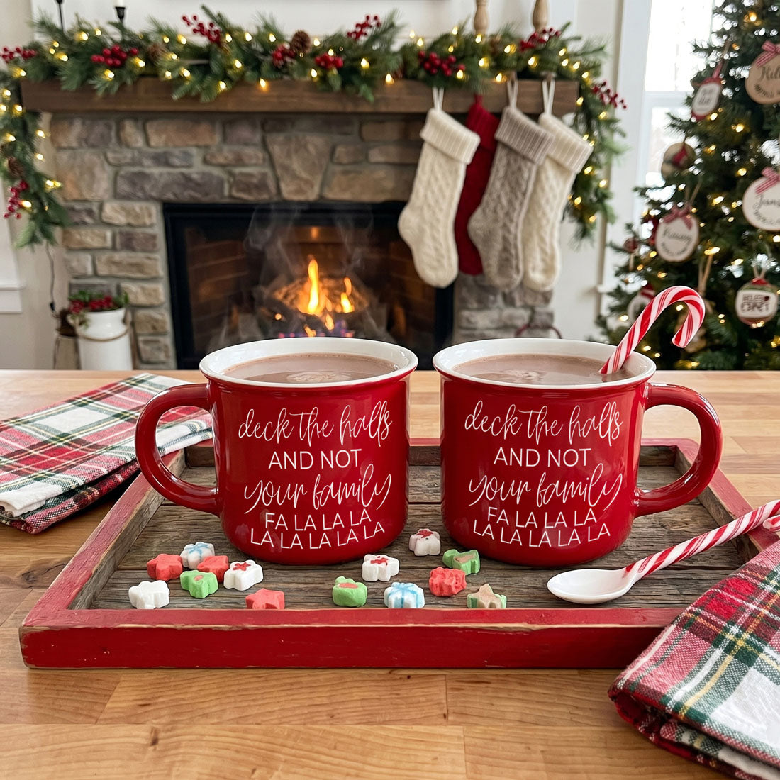 Funny Christmas mug that says deck the halls and not your family
red ceramic Christmas coffee mug with sarcastic holiday quote
green holiday mug for people who love funny Christmas gifts
funny Christmas coffee cup for surviving family gatherings
festive ceramic mug for holiday coffee bar display
funny Christmas gift for someone with a crazy family
cozy holiday mug for drinking cocoa by Christmas tree
unique Christmas mug gift for women who love humor
