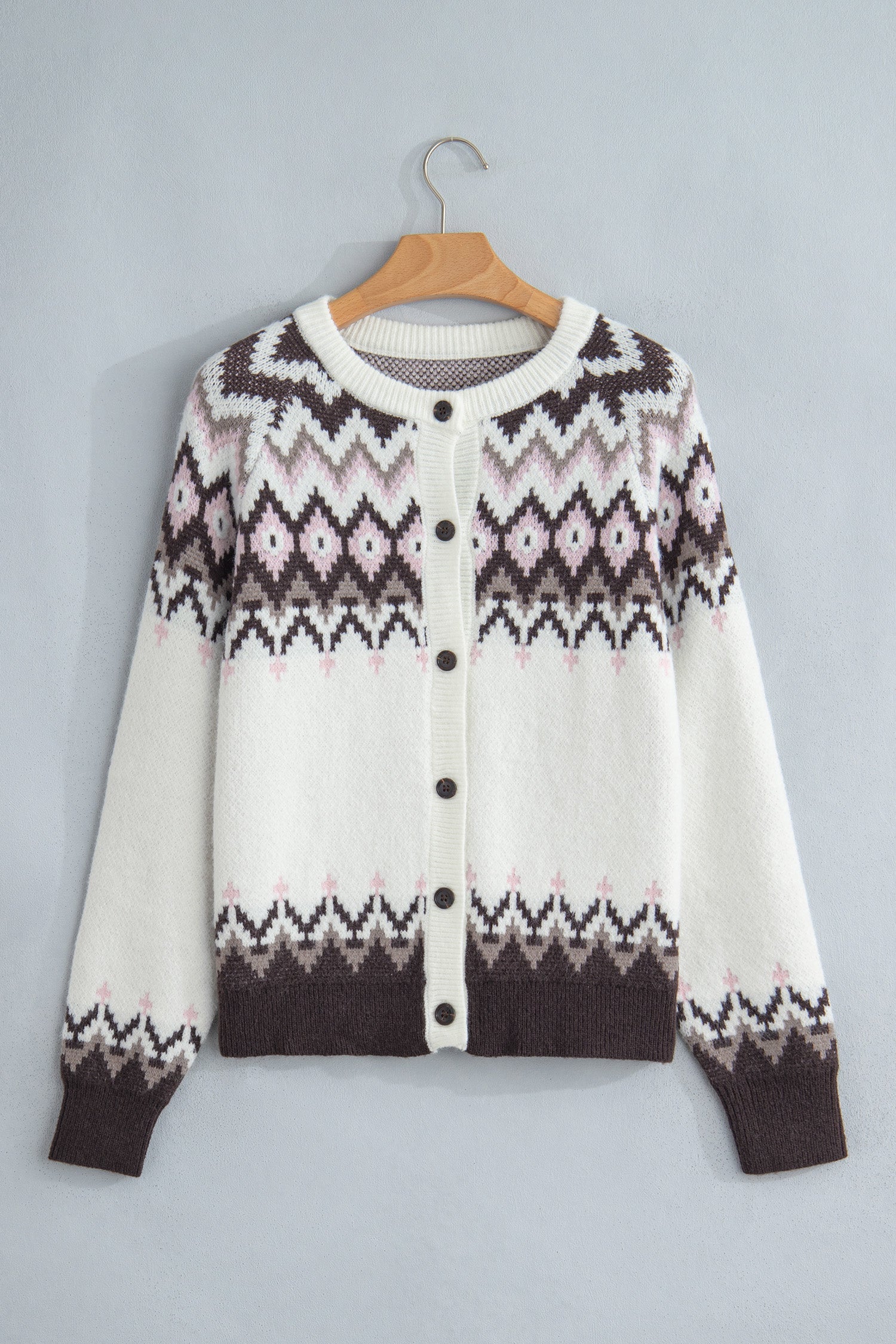 Geometric Fair Isle Brushed Knit Buttoned Cardigan