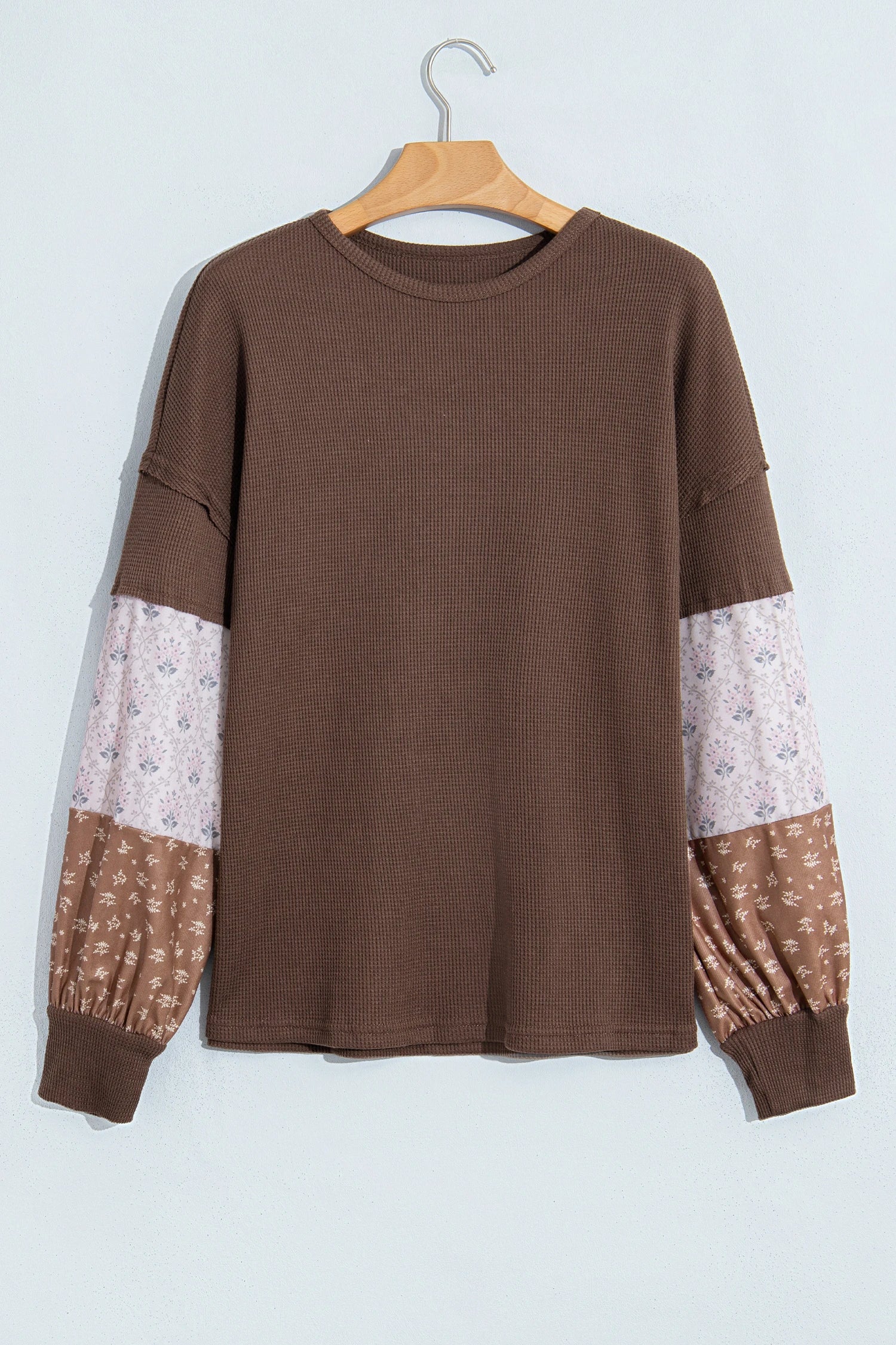 Plus Size Floral Patchwork Waffle Knit Long Sleeve Top