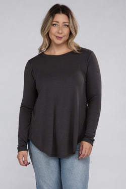 Plus Long Sleeve Round Neck Round Hem Top