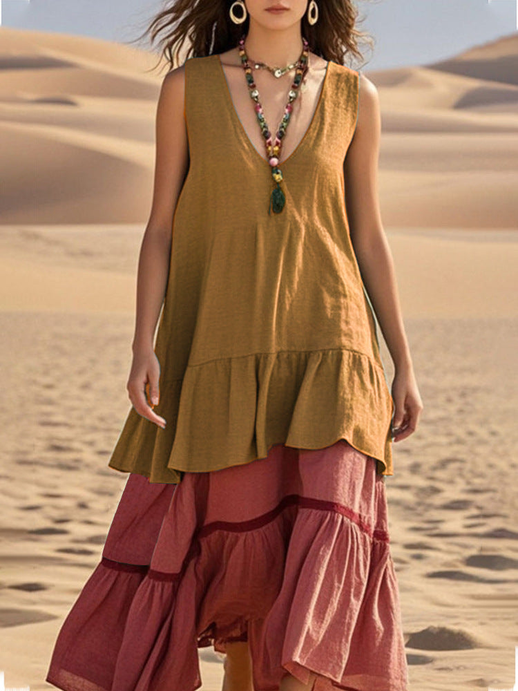 Women's Sleeveless Color-Block Patchwork Maxi Dress – V-Neck