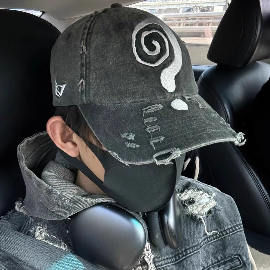 Question Mark Denim Print Washed Baseball Cap
