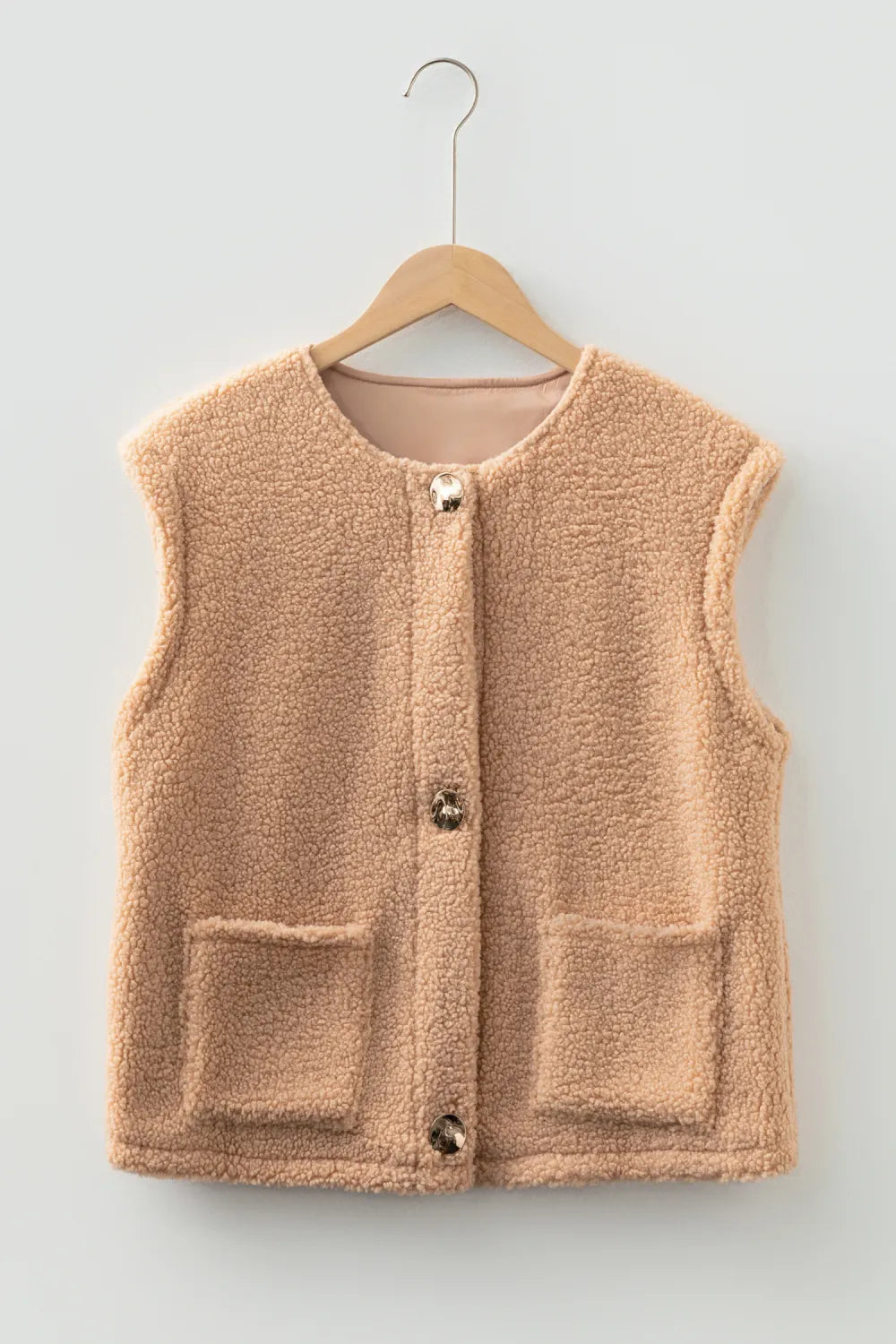 Beige Button Fuzzy Pocket Vest WTW
