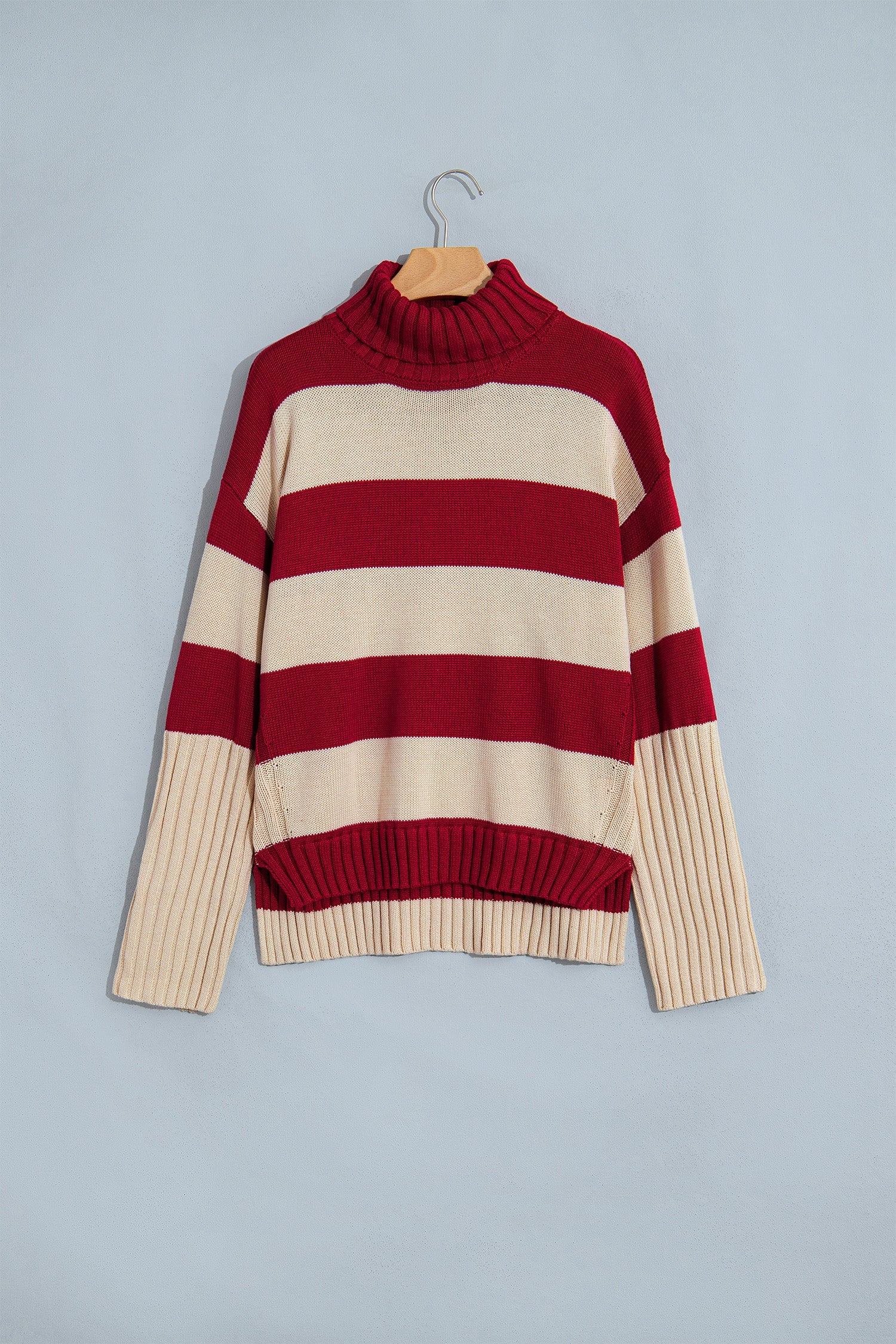 Stripe Ribbed Trim Turtleneck Drop Shoulder Sweater