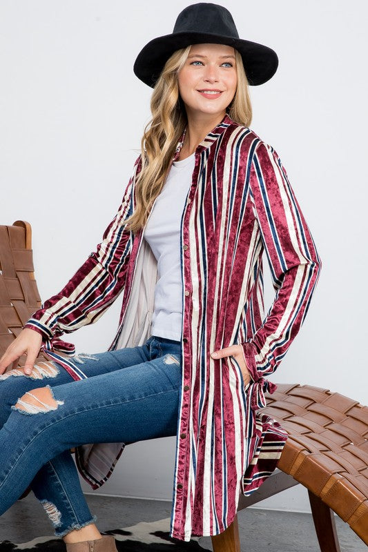 STRIPE VELVET LONG CARDIGAN