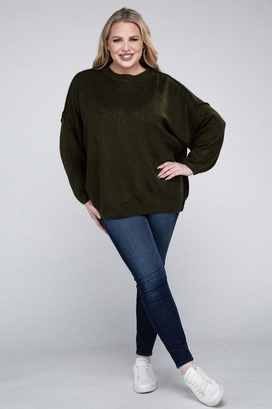 Plus Oversized Round Neck Raw Seam Melange Sweater