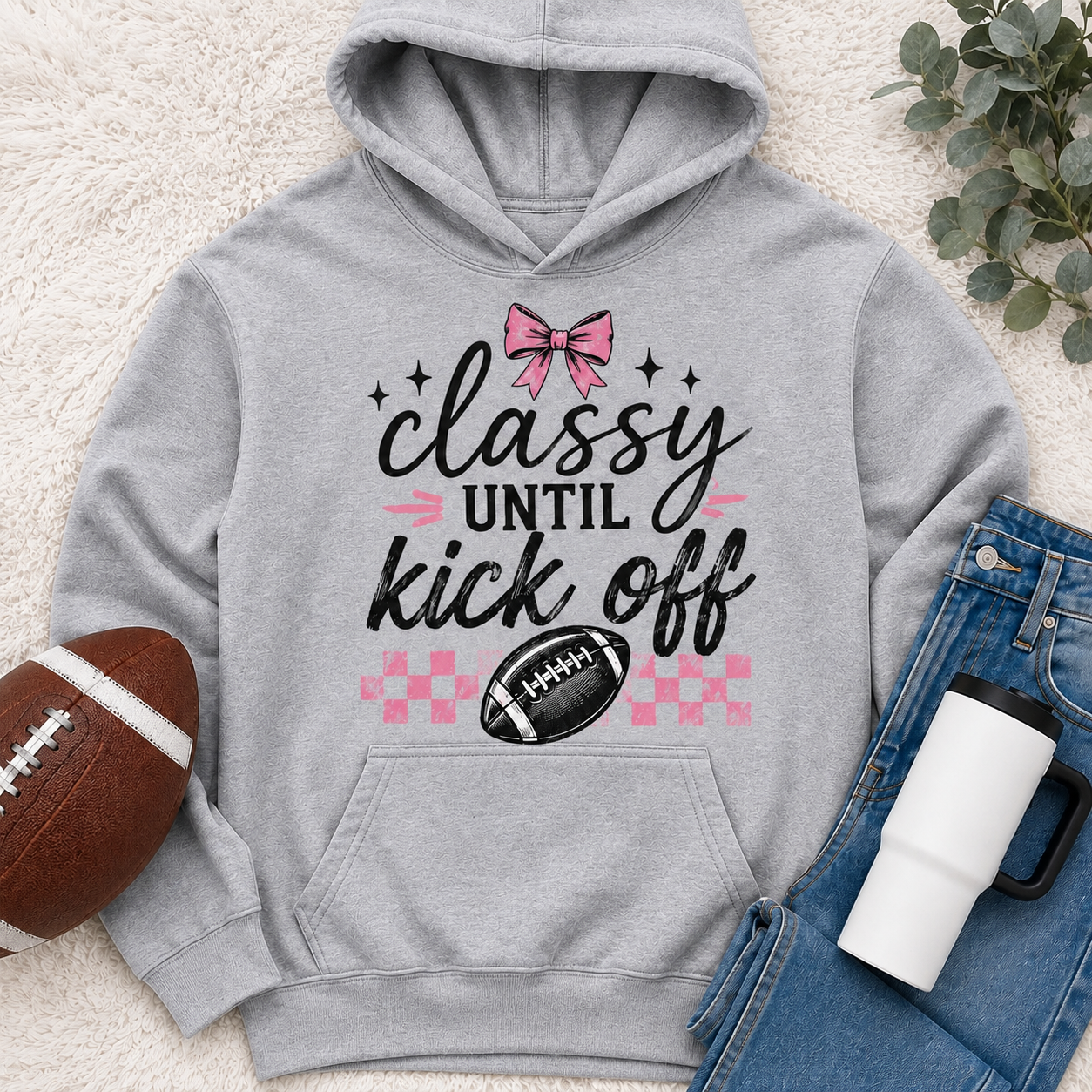 Classy Until Kick Off graphic hoodie with pink bow, football and pink checkerboard game day design