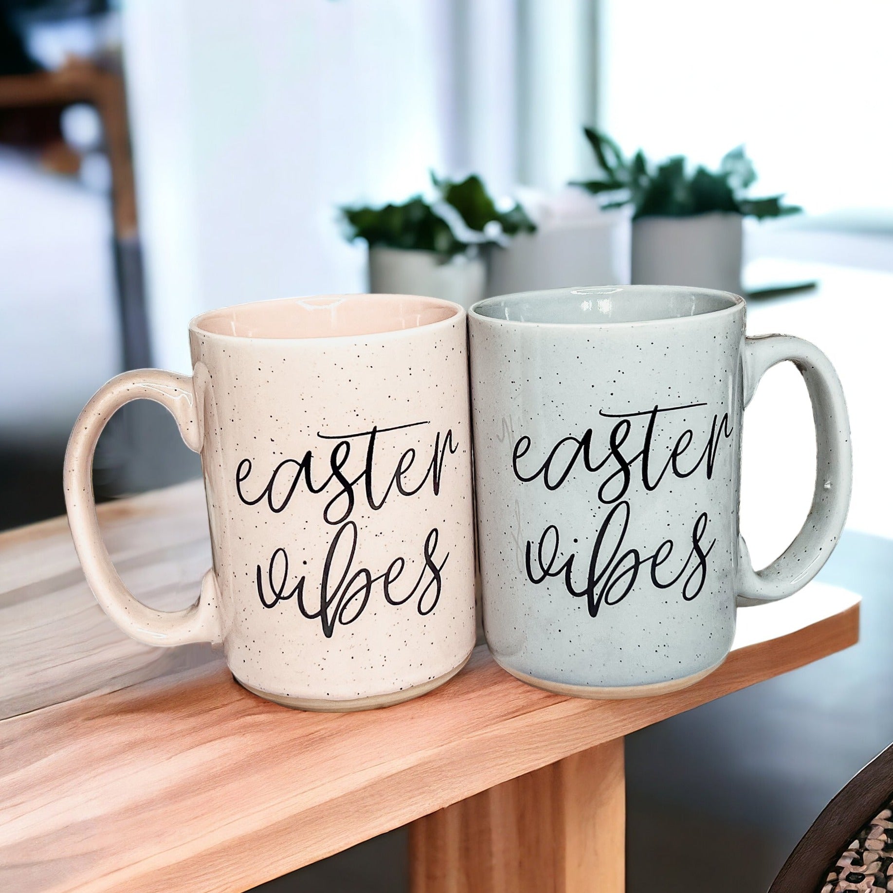 Easter Vibes Coffee Mugs in pastel colors and ceramic
modern easter typography
spring ceramic mug
easter coffee cup design
minimalist spring mug
speckled finish coffee cup