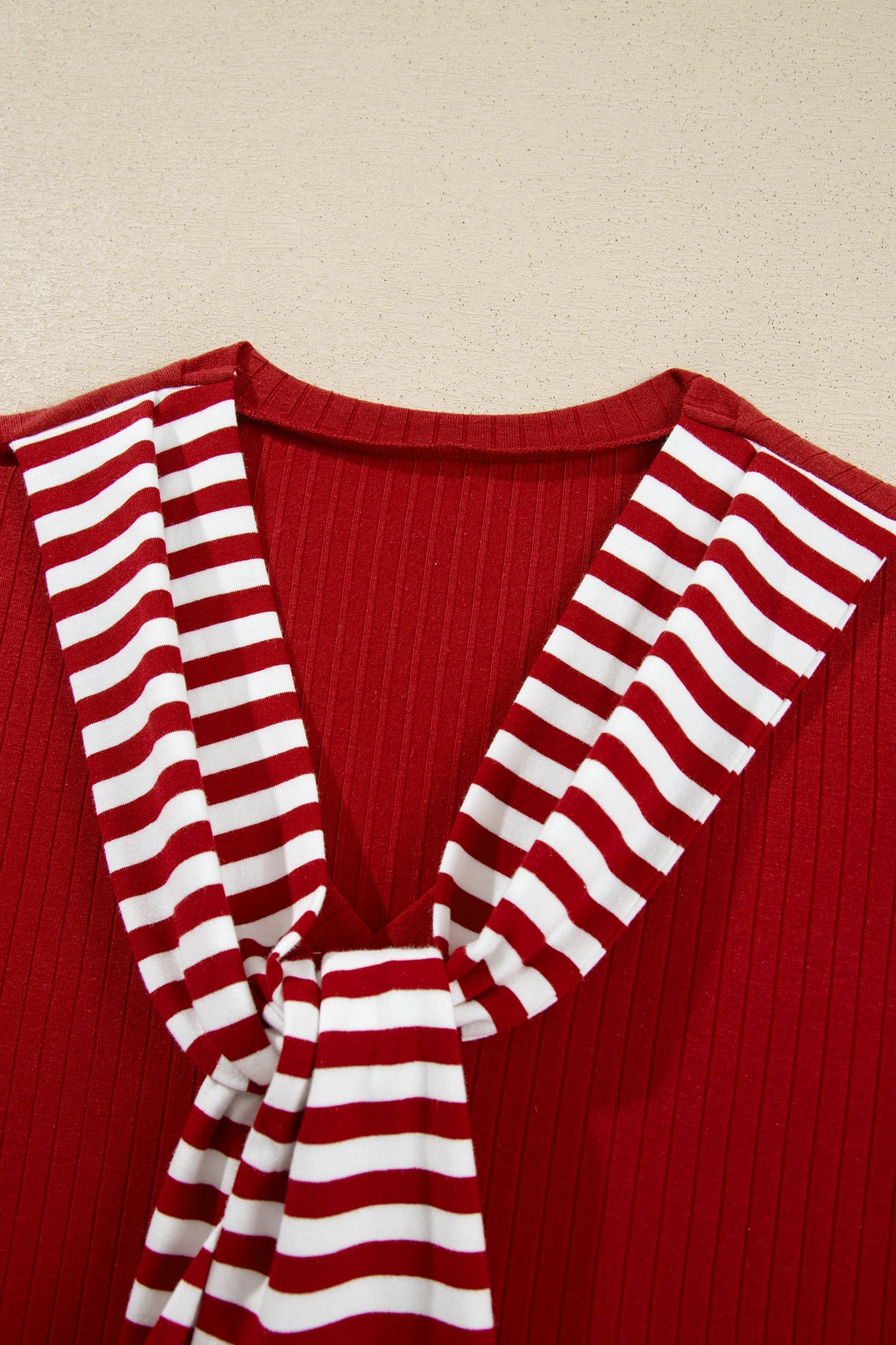 Stripe Contrast Tie Neck Cuffed Long Sleeve Top