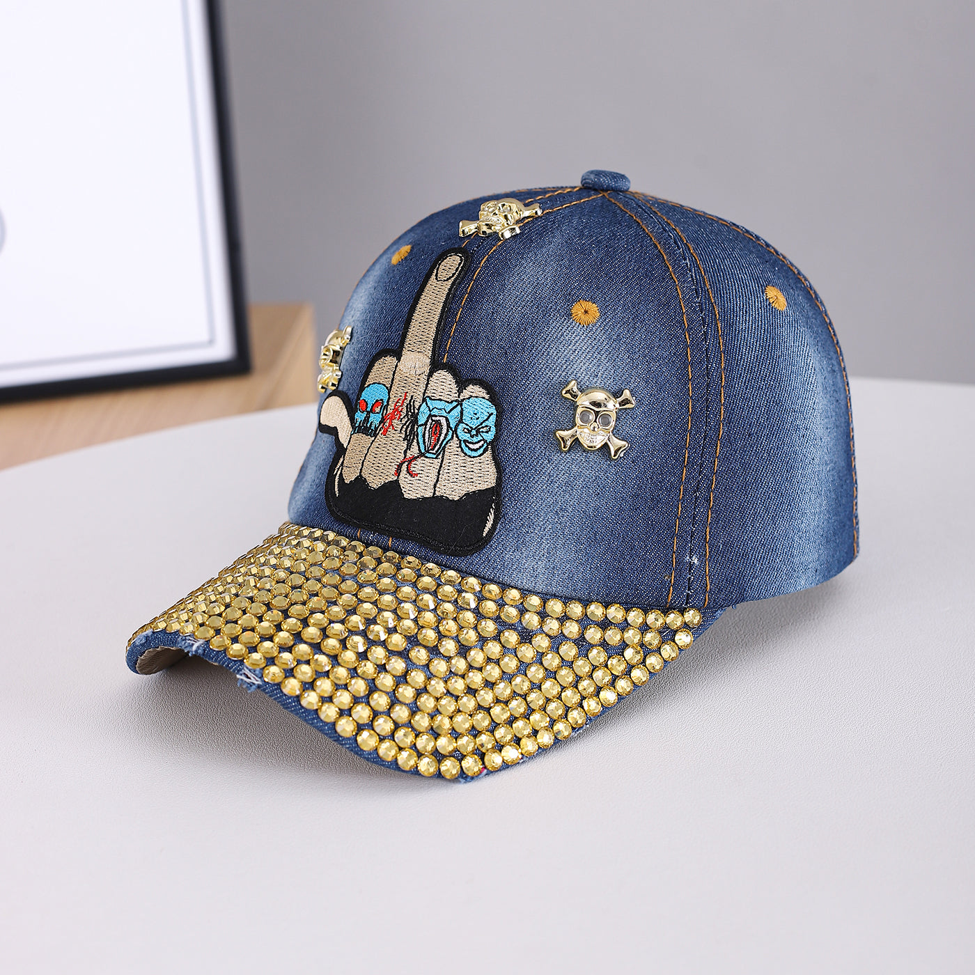 Metal Skull Diamond-Studded Flat Brim Snapback