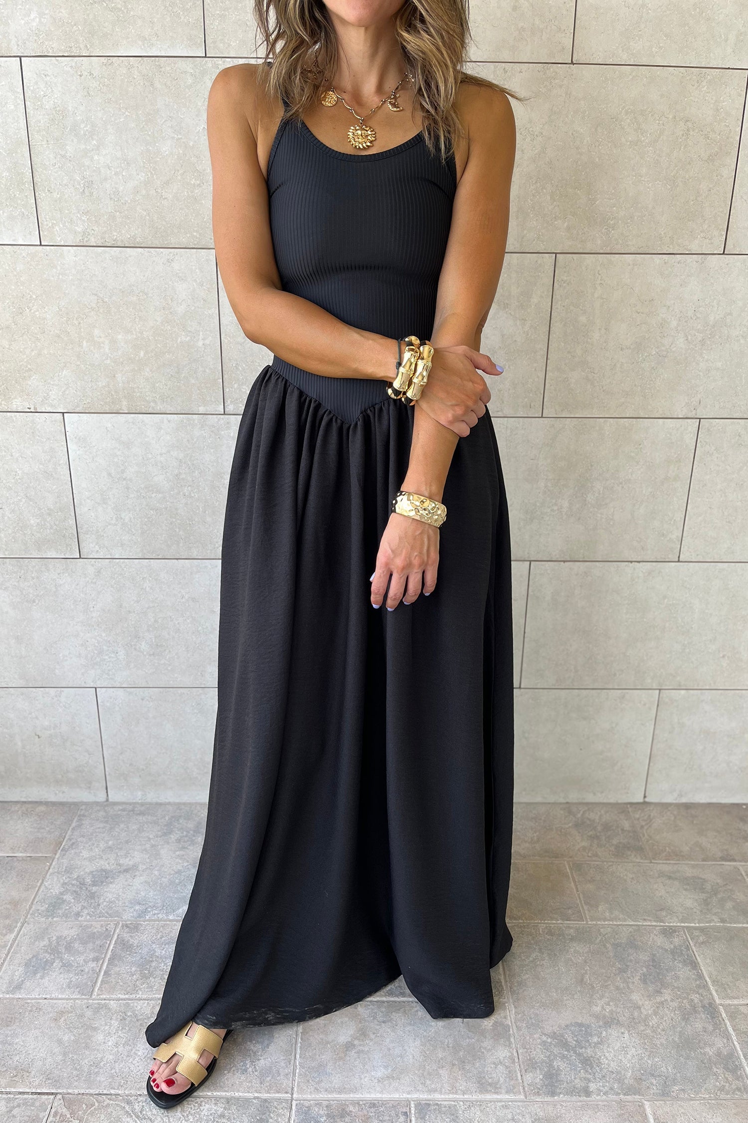 Solid Ribbed Patchwork Drop Waist Maxi Dress