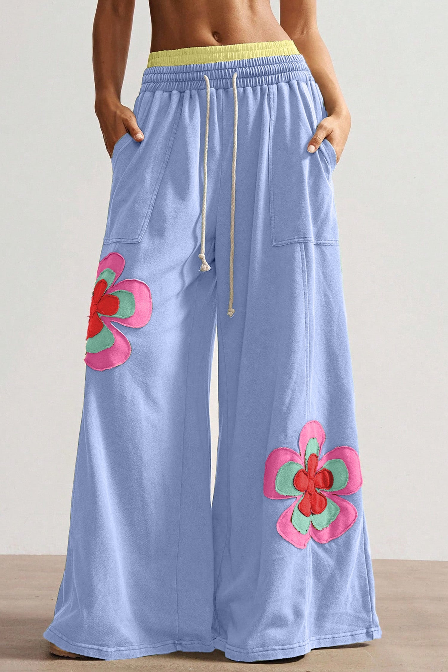 Colorblock Flower Patchwork Elastic Pants WTW