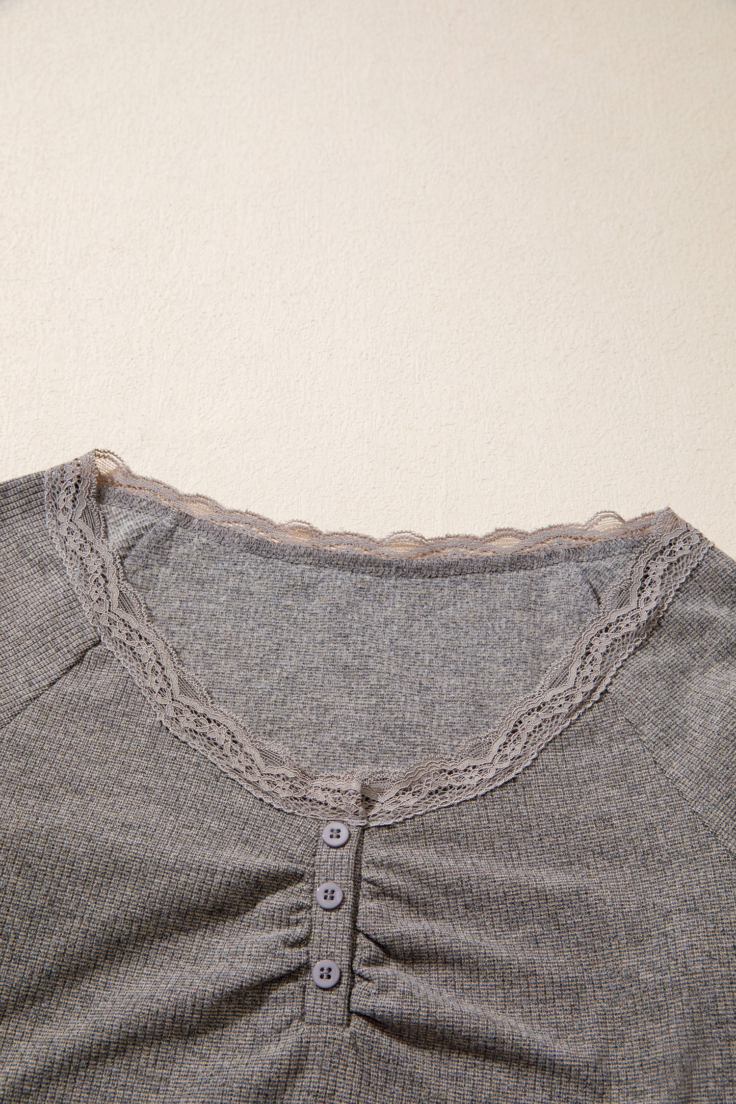 Solid Lace Trim Ribbed Knit Long Sleeve Top