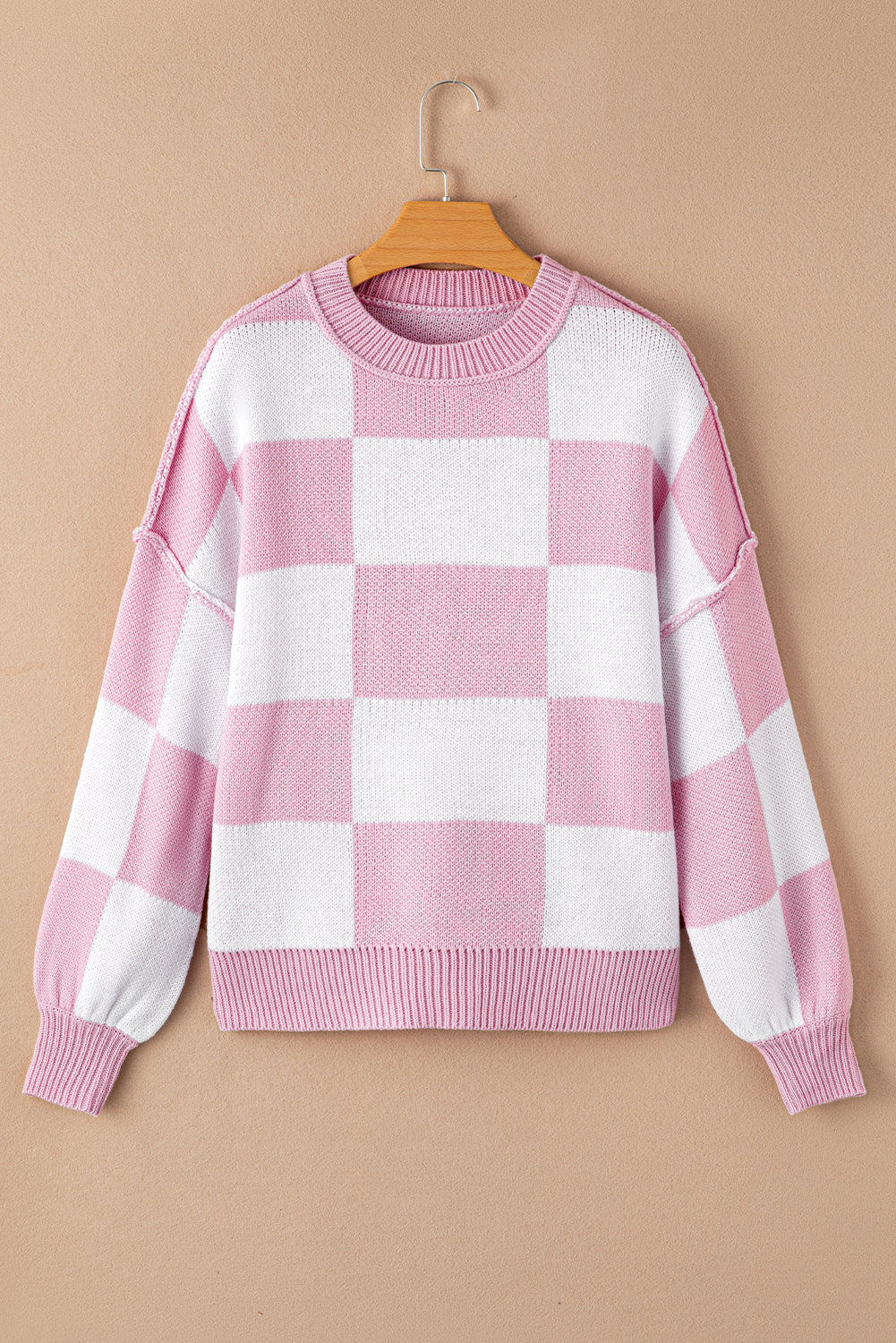Checker Exposed Seam Drop Shoulder Long Sleeve Sweater
