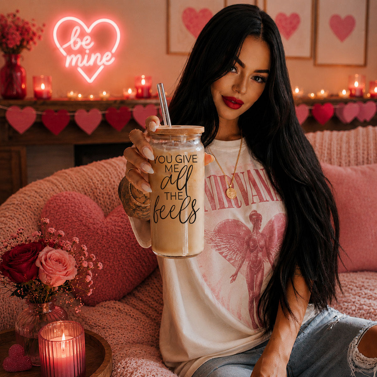 20oz glass cup with bamboo lid, You Give Me All the Feels for Galentine’s Day.
Sweet "You Give Me All the Feels" 20oz glass cup with bamboo lid and glass straw.
20oz glass cup with bamboo lid and glass straw, perfect for expressing your feels.