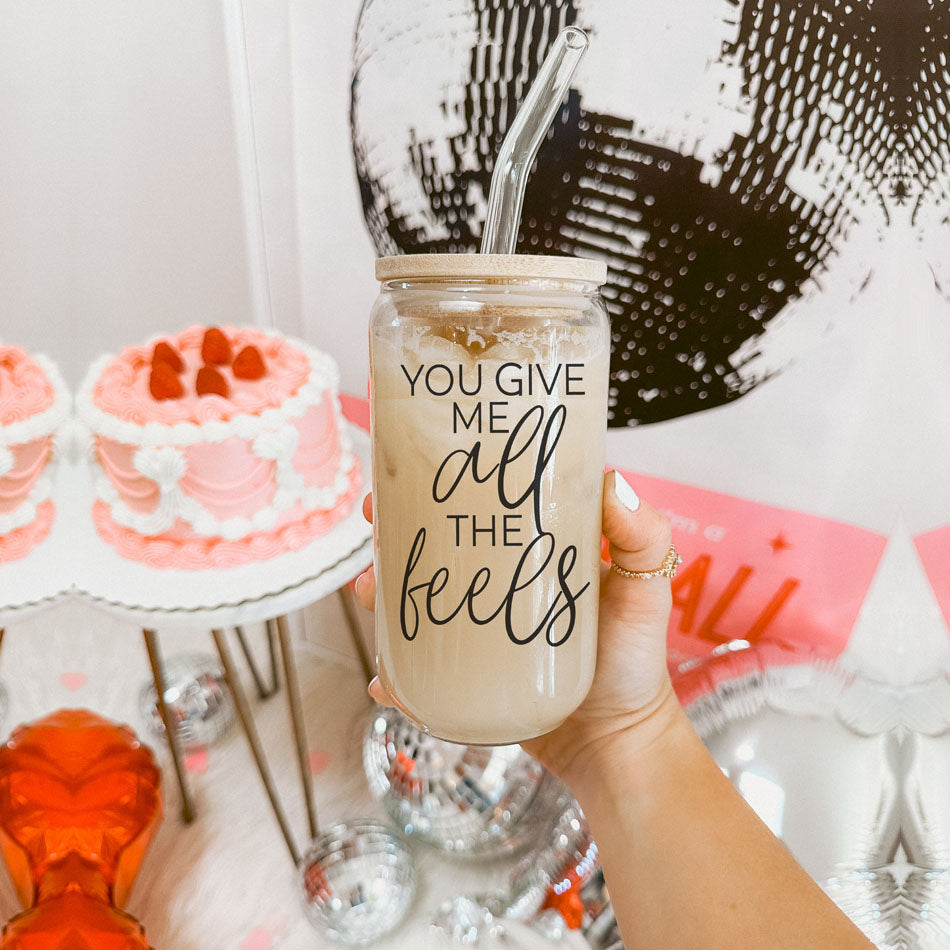 Valentine's Day 20oz glass cup, You Give Me All the Feels with bamboo lid.
Funny Valentine’s Day glass cup, You Give Me All the Feels, bamboo lid, 20oz.
20oz You Give Me All the Feels glass cup with bamboo lid, great Galentine’s gift.
Romantic 20oz glass cup, You Give Me All the Feels with bamboo lid, V-Day gift.