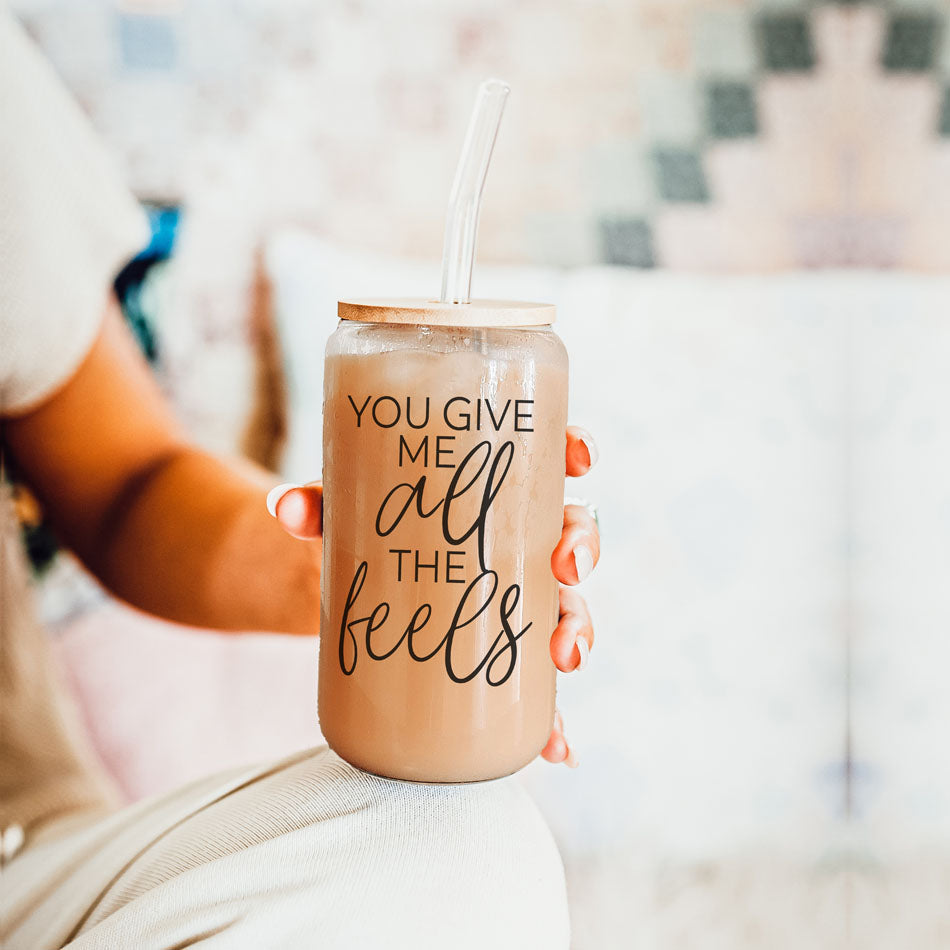 Funny Valentine's Day gift for him, 20oz glass cup, You Give Me All the Feels.
Valentine's Day gift for men, You Give Me All the Feels 20oz glass cup with bamboo lid.
Funny V-Day gift for boyfriend, 20oz glass cup, You Give Me All the Feels.