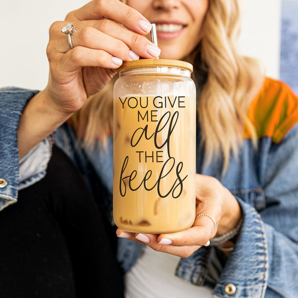 20oz glass cup with bamboo lid, You Give Me All the Feels.
Funny Valentine's Day gift, You Give Me All the Feels glass cup.
Valentine's Day gift, 20oz glass cup with bamboo lid, You Give Me All the Feels.