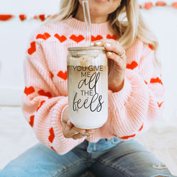 Valentine’s Day glass cup, 20oz, You Give Me All the Feels with bamboo lid.
20oz bamboo lid glass cup, You Give Me All the Feels for Galentine’s gift.
You Give Me All the Feels 20oz glass cup with bamboo lid for funny V-Day gifts.